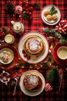 AI generated table set with Christmas-themed crockery, including pancakes, eggs, bacon, and hot cocoa. photo