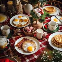 AI generated table set with Christmas-themed crockery, including pancakes, eggs, bacon, and hot cocoa. photo