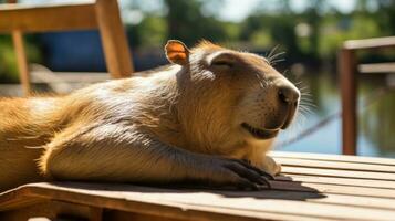 AI generated A relaxing photo of a capybara basking in the sun, enjoying a lazy afternoon