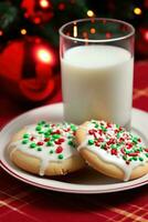 AI generated glass of milk and a plate of freshly baked Christmas cookies, complete with sprinkles and frosting. photo