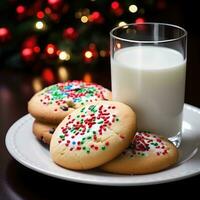 AI generated glass of milk and a plate of freshly baked Christmas cookies, complete with sprinkles and frosting. photo