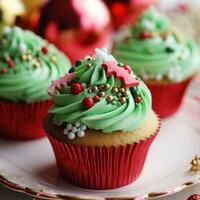 AI generated beautifully decorated cupcakes with festive red and green icing and edible Christmas decorations photo