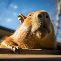 AI generated A relaxing photo of a capybara basking in the sun, enjoying a lazy afternoon