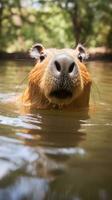 AI generated A relaxing photo of a capybara basking in the sun, enjoying a lazy afternoon