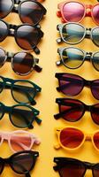 AI generated An overhead shot of a flat lay featuring a variety of sleek and modern sunglasses photo