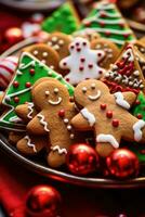 AI generated tray filled with freshly baked cookies in shape of Christmas trees, gingerbread men, and candy canes photo