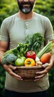 AI generated An image of a gardener holding a basket full of freshly picked vegetables from their garden photo