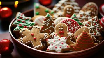AI generated tray filled with freshly baked cookies in shape of Christmas trees, gingerbread men, and candy canes photo