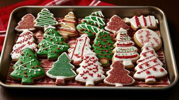 AI generated tray filled with freshly baked cookies in shape of Christmas trees, gingerbread men, and candy canes photo