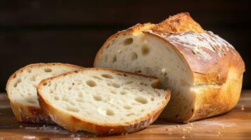 AI generated Breaking open a loaf of fresh bread reveals its tender crumb, speckled with air pockets photo