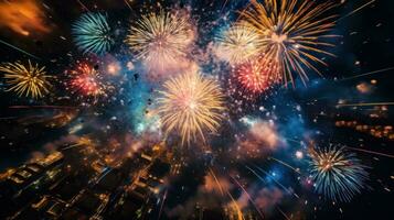 ai generado como el reloj huelgas medianoche, fuegos artificiales iluminar el noche cielo, pintura eso con estallidos de color foto