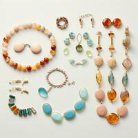 AI generated An overhead shot of a flat lay featuring a variety of colorful accessories like bracelets photo