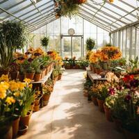 AI generated An image of a clean, modern greenhouse filled with rows of potted plants and flowers photo