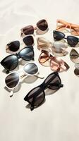 AI generated An overhead shot of a flat lay featuring a variety of sleek and modern sunglasses photo