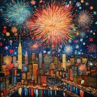 AI generated As the clock strikes midnight, fireworks illuminate the night sky, painting it with bursts of color photo