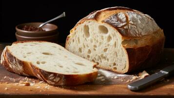 AI generated Breaking open a loaf of fresh bread reveals its tender crumb, speckled with air pockets photo