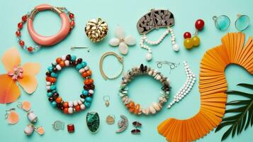 AI generated An overhead shot of a flat lay featuring a variety of colorful accessories like bracelets photo