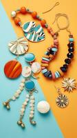 AI generated An overhead shot of a flat lay featuring a variety of colorful accessories like bracelets photo