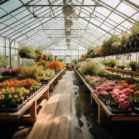 ai generado un imagen de un limpio, moderno invernadero lleno con filas de en conserva plantas y flores foto