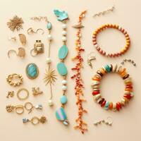 AI generated An overhead shot of a flat lay featuring a variety of colorful accessories like bracelets photo