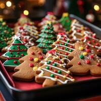 AI generated tray filled with freshly baked cookies in shape of Christmas trees, gingerbread men, and candy canes photo