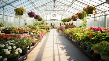 ai generado un imagen de un limpio, moderno invernadero lleno con filas de en conserva plantas y flores foto