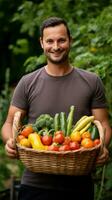 ai generado un imagen de un jardinero participación un cesta lleno de recién escogido vegetales desde su jardín foto
