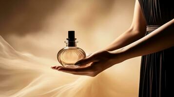 ai generado un sofisticado imagen de un mujer mano participación un perfume botella foto