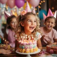 AI generated A young girl blowing out candles on a cake surrounded by her friends photo