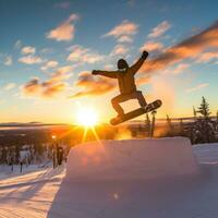 AI generated A snowboarder performing a backflip on a large jump, with the sun setting behind them photo