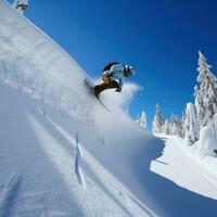 ai generado un snowboarder tallado mediante un medio tubo, con un claro azul cielo encima foto