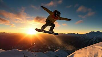 AI generated A snowboarder performing a backflip on a large jump, with the sun setting behind them photo