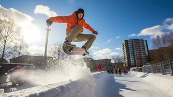 AI generated A snowboarder carving through a half-pipe, with a clear blue sky above photo