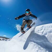 ai generado un snowboarder tallado mediante un medio tubo, con un claro azul cielo encima foto