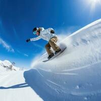 AI generated A snowboarder carving through a half-pipe, with a clear blue sky above photo