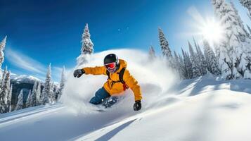 AI generated A snowboarder carving through a half-pipe, with a clear blue sky above photo