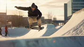 AI generated A snowboarder carving through a half-pipe, with a clear blue sky above photo