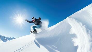 ai generado un snowboarder tallado mediante un medio tubo, con un claro azul cielo encima foto