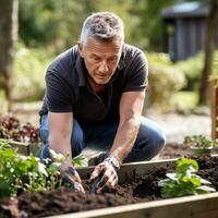 AI generated gardener kneeling in front of a raised garden bed, planting seeds photo