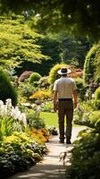 ai generado jardinero admirativo su jardín, en pie entre floreciente flores y lozano verdor foto