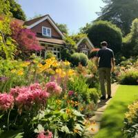 AI generated gardener admiring their garden, standing among blooming flowers and lush greenery photo