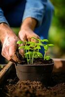 AI generated gardener using a trowel to plant a seedling in a pot with a vibrant, green background photo