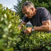 AI generated gardener pruning a bush with a pair of shears photo