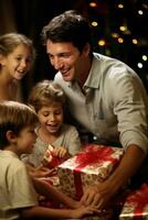 AI generated little boy opening pile of presents and smiling with excitement while his family looks on in delight photo