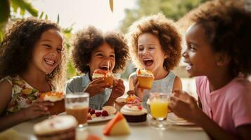 AI generated A group of kids gathered around a table, laughing and enjoying slices of cake and glasses of juice photo