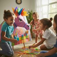 ai generado un grupo de niños jugando divertido y fiesta juegos, tal como alfiler el cola en el Burro o musical sillas foto