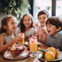 ai generado un grupo de niños reunido alrededor un mesa, riendo y disfrutando rebanadas de pastel y lentes de jugo foto