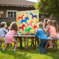 AI generated A group of kids playing fun and party games, such as pin the tail on the donkey or musical chairs photo