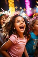 ai generado divertido y juguetón foto de niños bailando y canto a lo largo a su favorito fiesta melodías