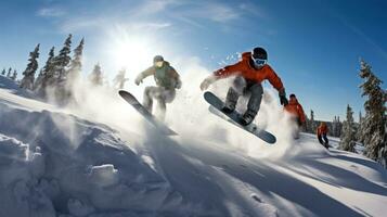 ai generado practicantes de snowboard atrapando aire apagado un grande saltar, con nieve pulverización detrás ellos foto